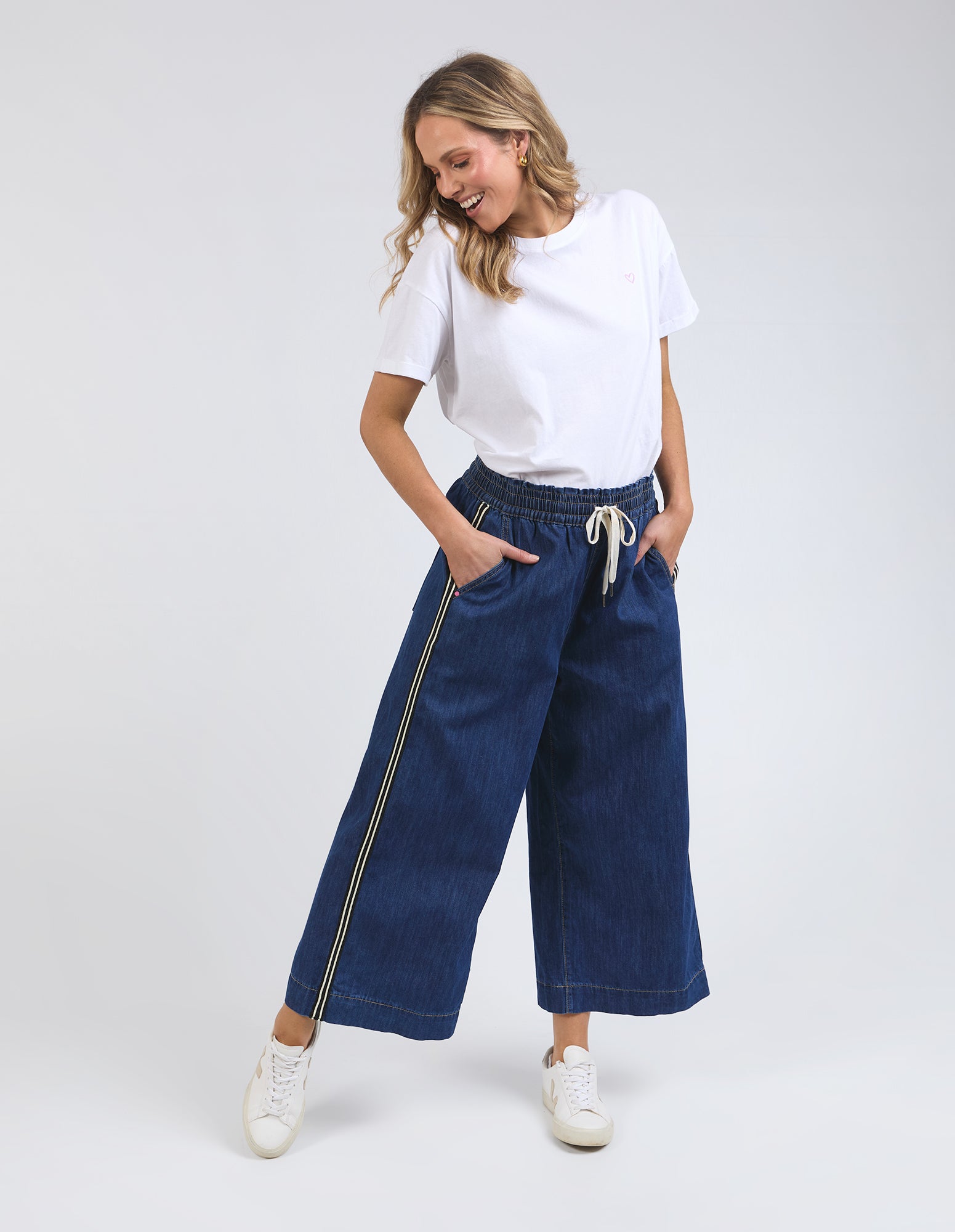 Elm Greta Wide Leg Pant with Side Tape - Dark Blue Wash