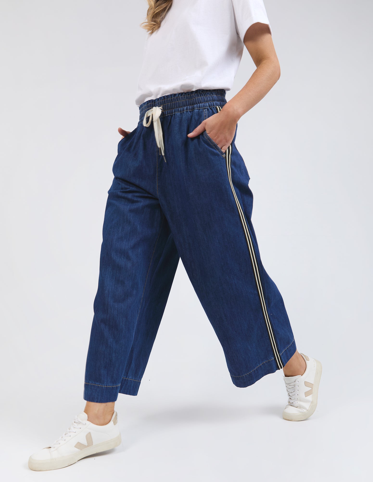 Elm Greta Wide Leg Pant with Side Tape - Dark Blue Wash