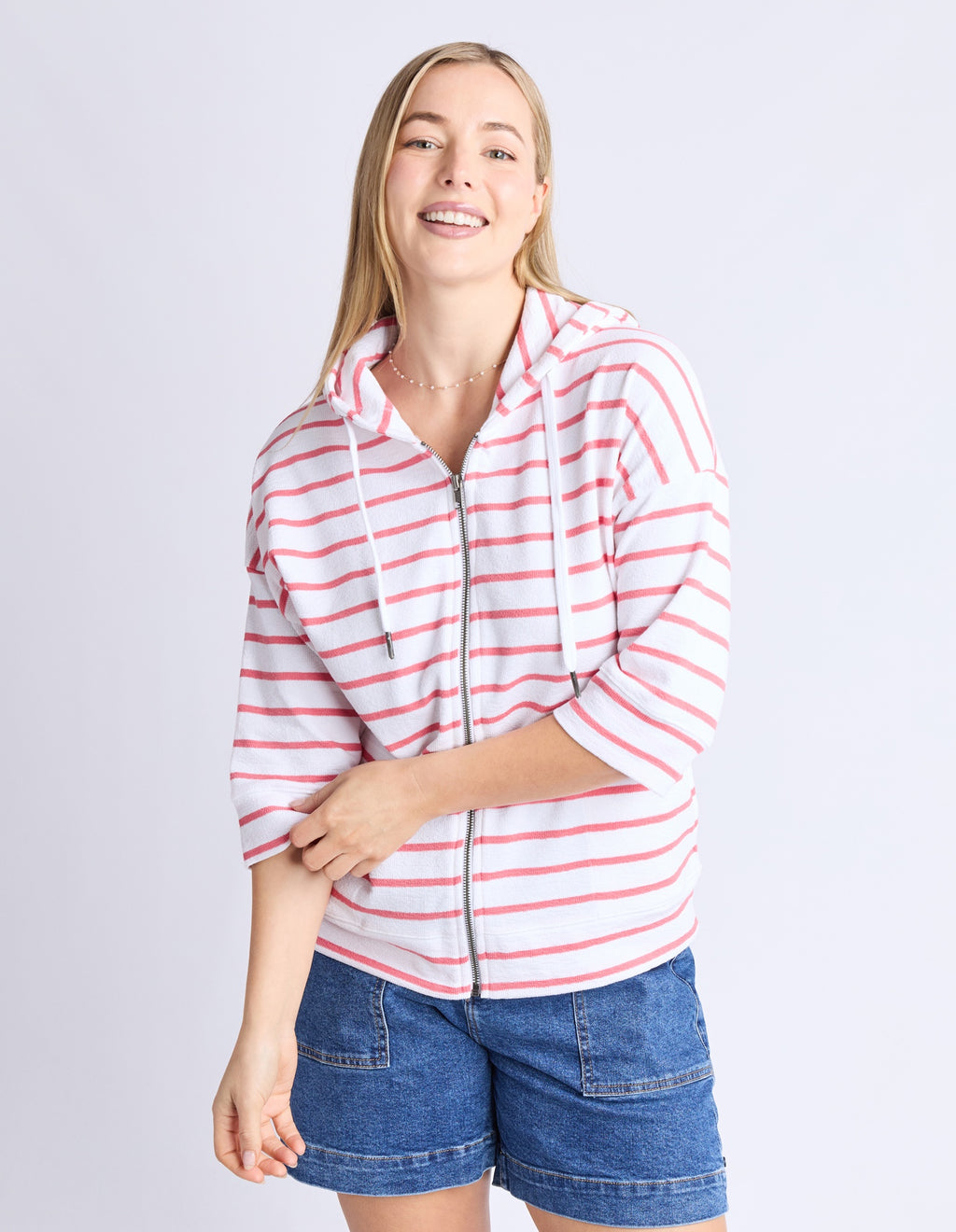 Elm Beachy Stripe Hoodie - White/Sugar Coral