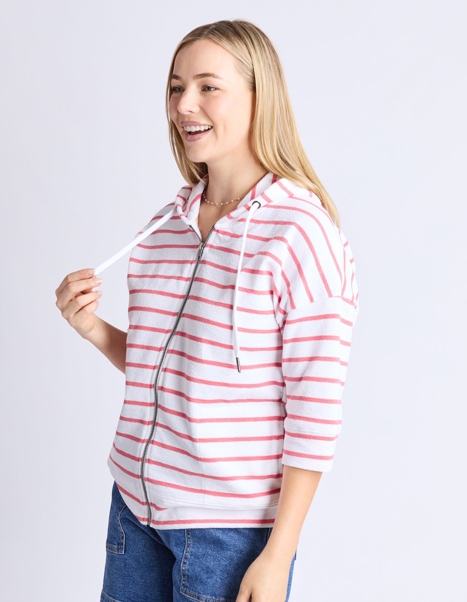 Elm Beachy Stripe Hoodie - White/Sugar Coral
