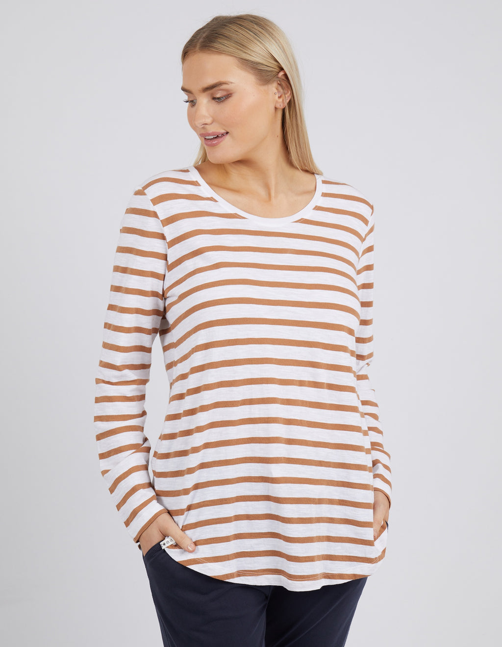 Elm Scoop L/S Tee - White and Butterscotch Stripe