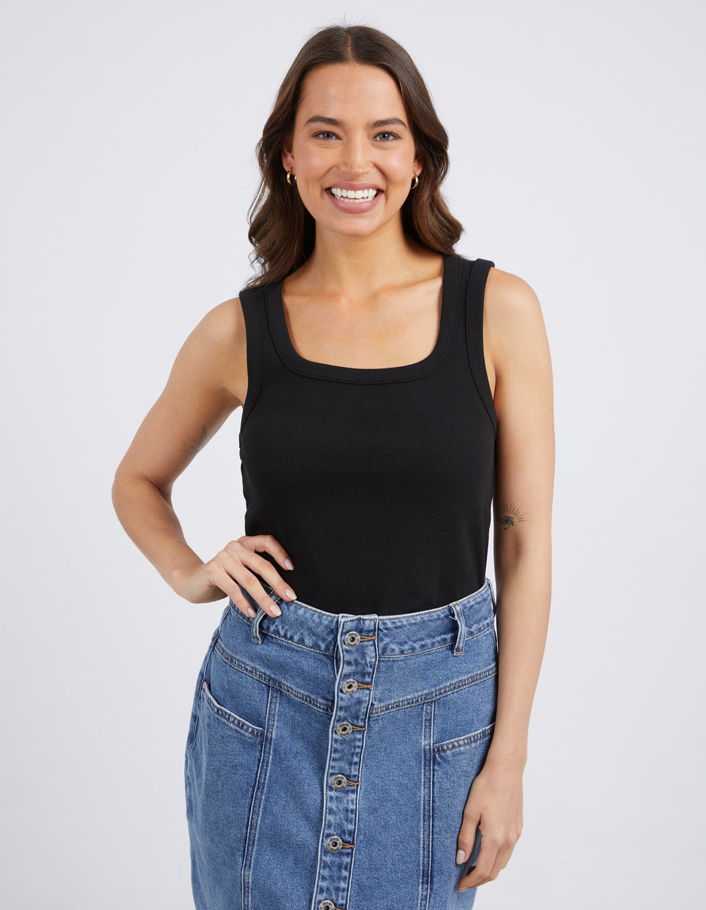 Elm Square Neck Rib Tank - Black